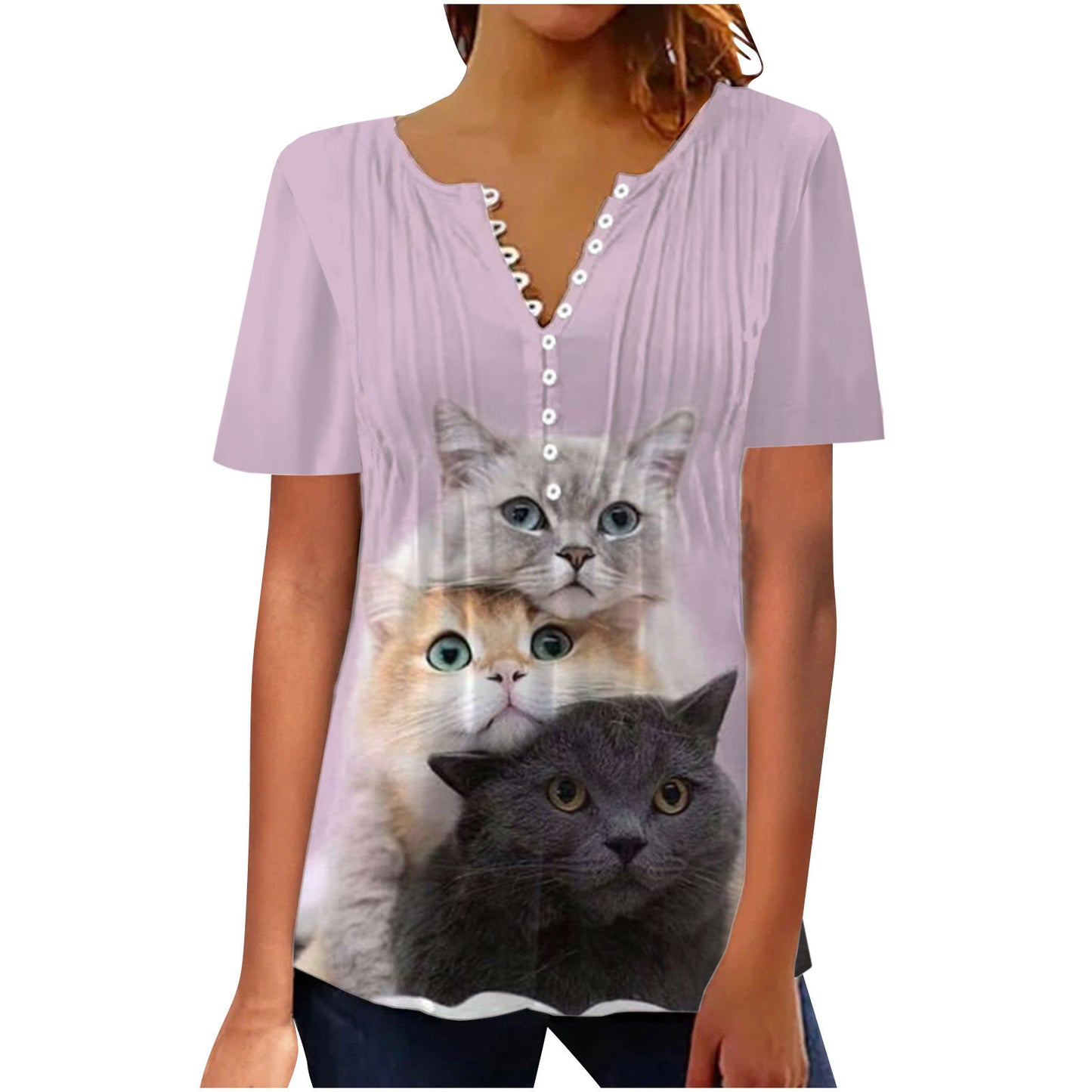 Camiseta de cuello redondo plisada con estampado digital 3D para mujer