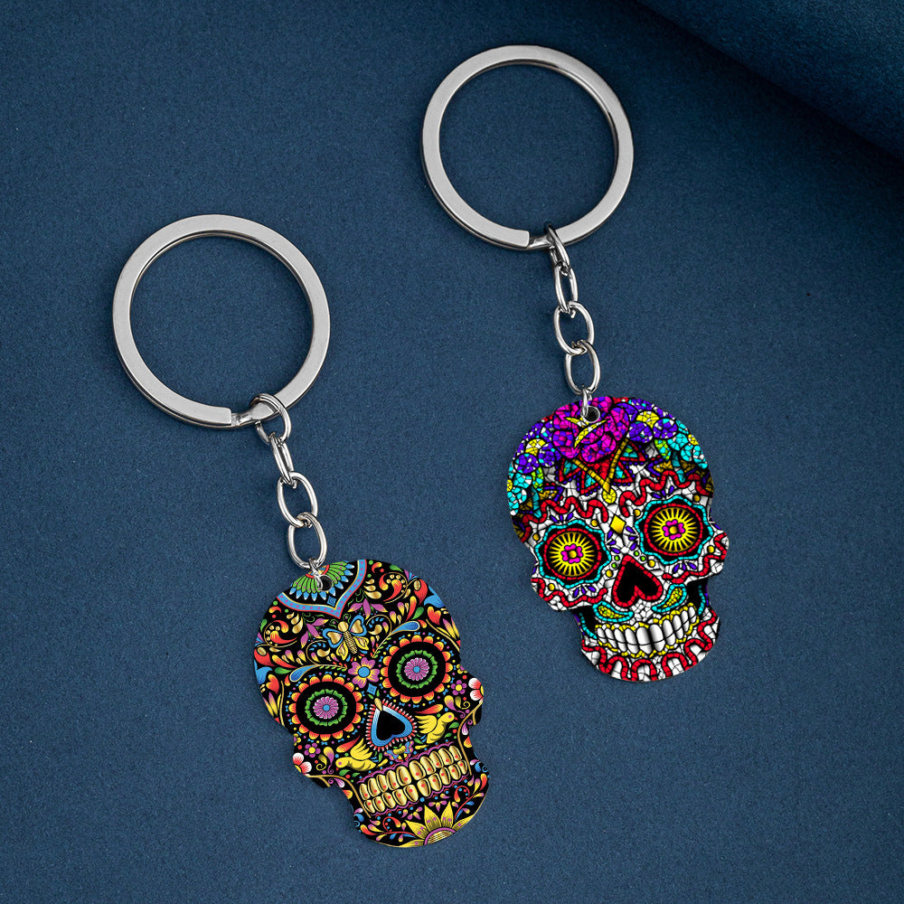 Day Of The Dead Skull Color Printing Stainless Steel Key Ring