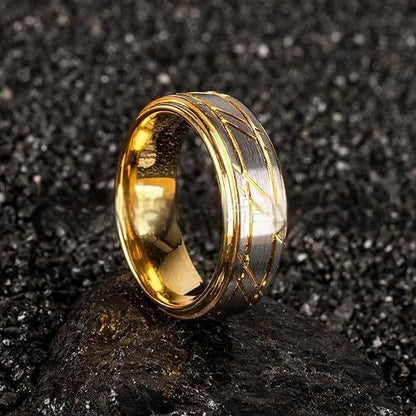 Anillo de tungsteno y sarga pulida de diseño sencillo de oro amarillo de 8 mm para hombre