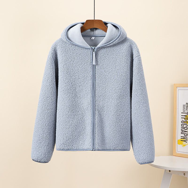 Sudadera con capucha y manga larga de cachemira sintética de otoño e invierno con cremallera y forro polar