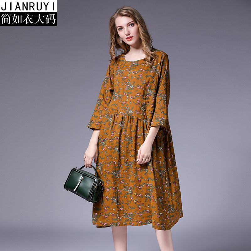 Vestido suelto con costura plisada y estampado floral literario de algodón y lino nuevo de otoño 2018 de talla grande para mujer 9831