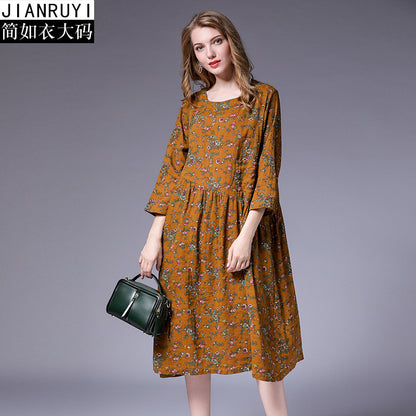 Vestido suelto con costura plisada y estampado floral literario de algodón y lino nuevo de otoño 2018 de talla grande para mujer 9831