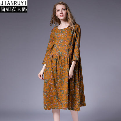 Vestido suelto con costura plisada y estampado floral literario de algodón y lino nuevo de otoño 2018 de talla grande para mujer 9831