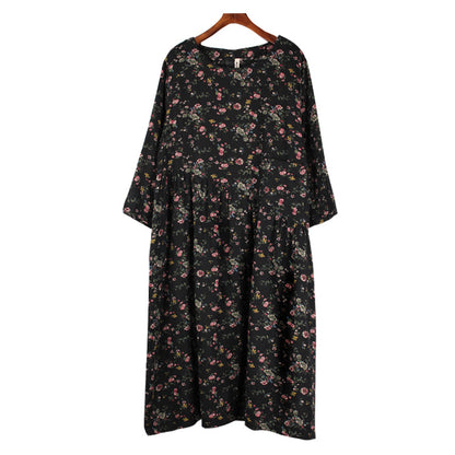 Vestido suelto con costura plisada y estampado floral literario de algodón y lino nuevo de otoño 2018 de talla grande para mujer 9831