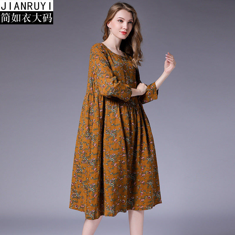 Vestido suelto con costura plisada y estampado floral literario de algodón y lino nuevo de otoño 2018 de talla grande para mujer 9831