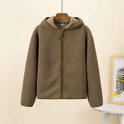 Sudadera con capucha y manga larga de cachemira sintética de otoño e invierno con cremallera y forro polar