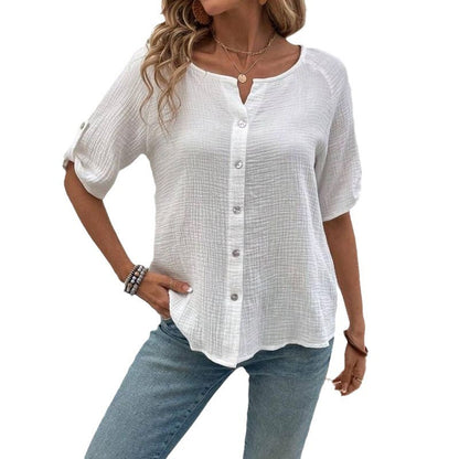 Camisa blanca con botones y manga corta de color liso a la moda de verano para mujer de estilo europeo y americano