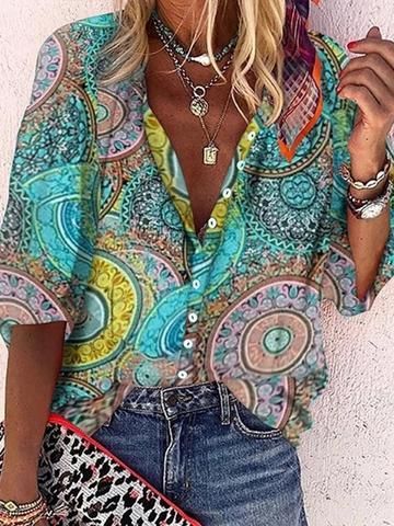 Camisa suelta con cuello alto para mujer, con estampado geométrico retro bohemio, colorida, para primavera y otoño