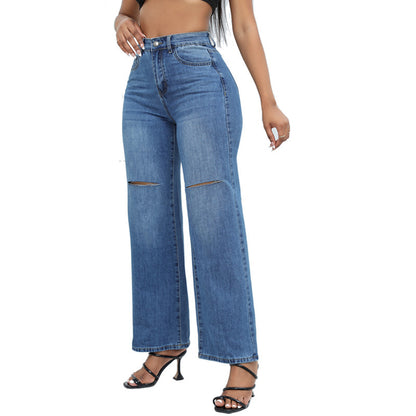 Elegantes jeans anchos rotos para mujer