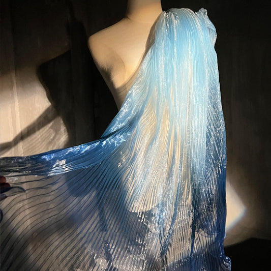 Tela de diseñador para vestido plisado con hilo de luz de agua y organza láser de ondas grandes con degradado azul