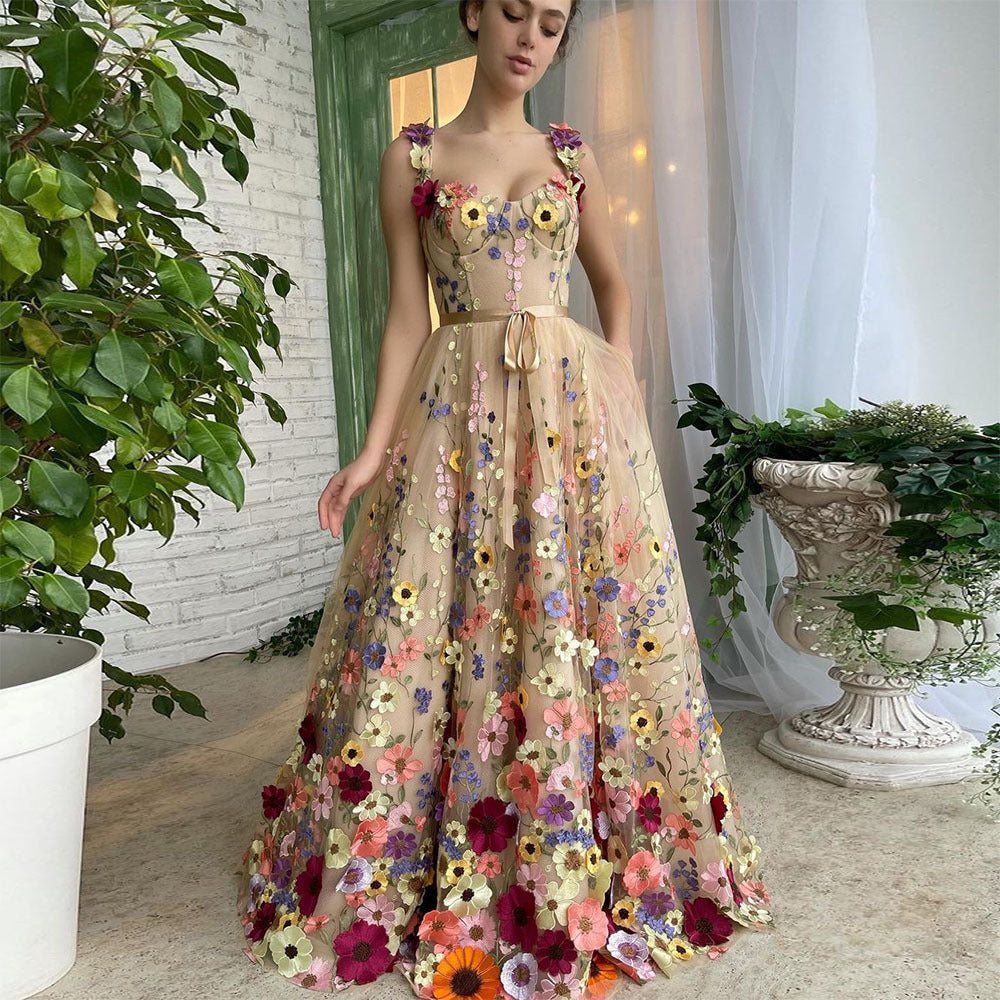 Sevintage Exquisitos vestidos de fiesta con flores en 3D y escote corazón