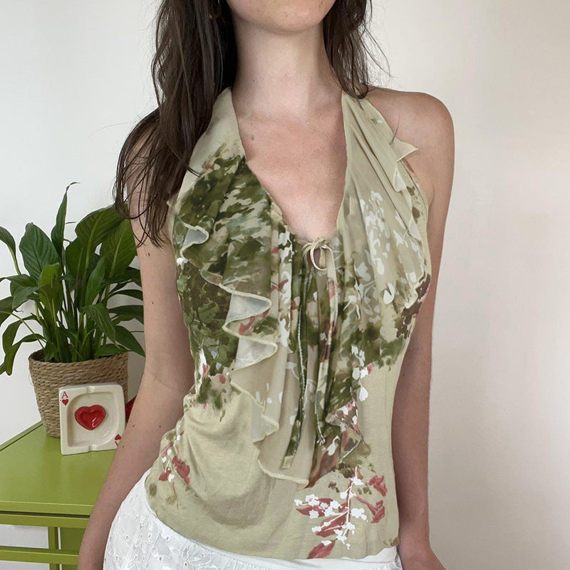 Chaleco con cuello halter y estampado de plantas estilo Mori