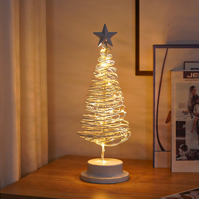 Adorno de mesa con luz en espiral de árbol de Navidad LED, lámpara de escritorio de hierro forjado para dormitorio, luz nocturna de ambiente navideño