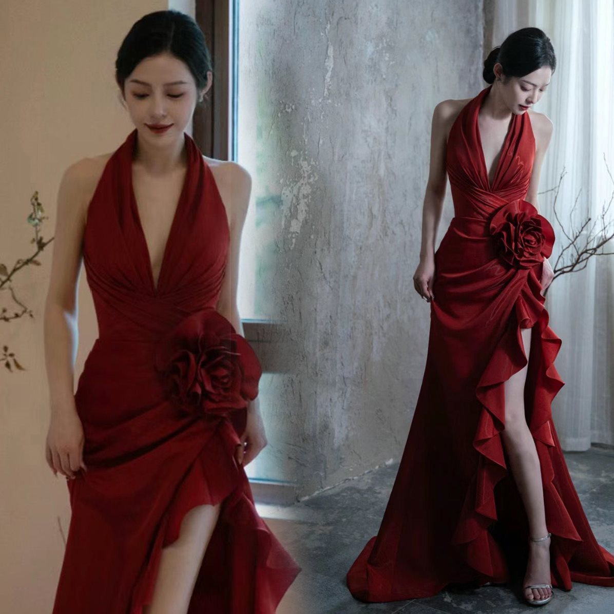 Vestido de novia elegante estilo socialité color rojo vino con escote halter para brindis de boda