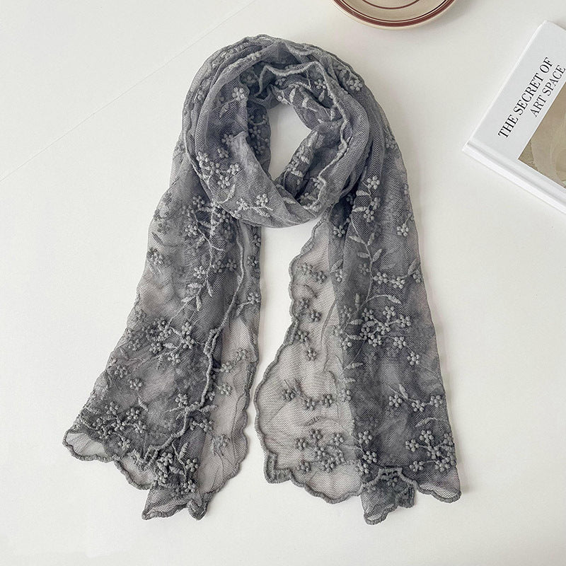 Lace Embroidered Small Floral Long Silk Scarf For Women