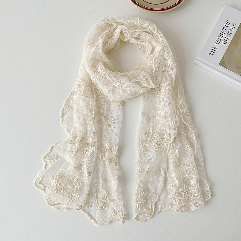 Lace Embroidered Small Floral Long Silk Scarf For Women