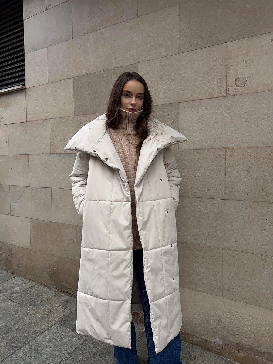 Abrigo largo de solapa grande de moda, chaqueta cálida de algodón de invierno con bolsillos y diseño con cordones, abrigo grueso informal de color sólido para mujer, prendas de vestir exteriores