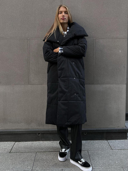 Abrigo largo de solapa grande de moda, chaqueta cálida de algodón de invierno con bolsillos y diseño con cordones, abrigo grueso informal de color sólido para mujer, prendas de vestir exteriores