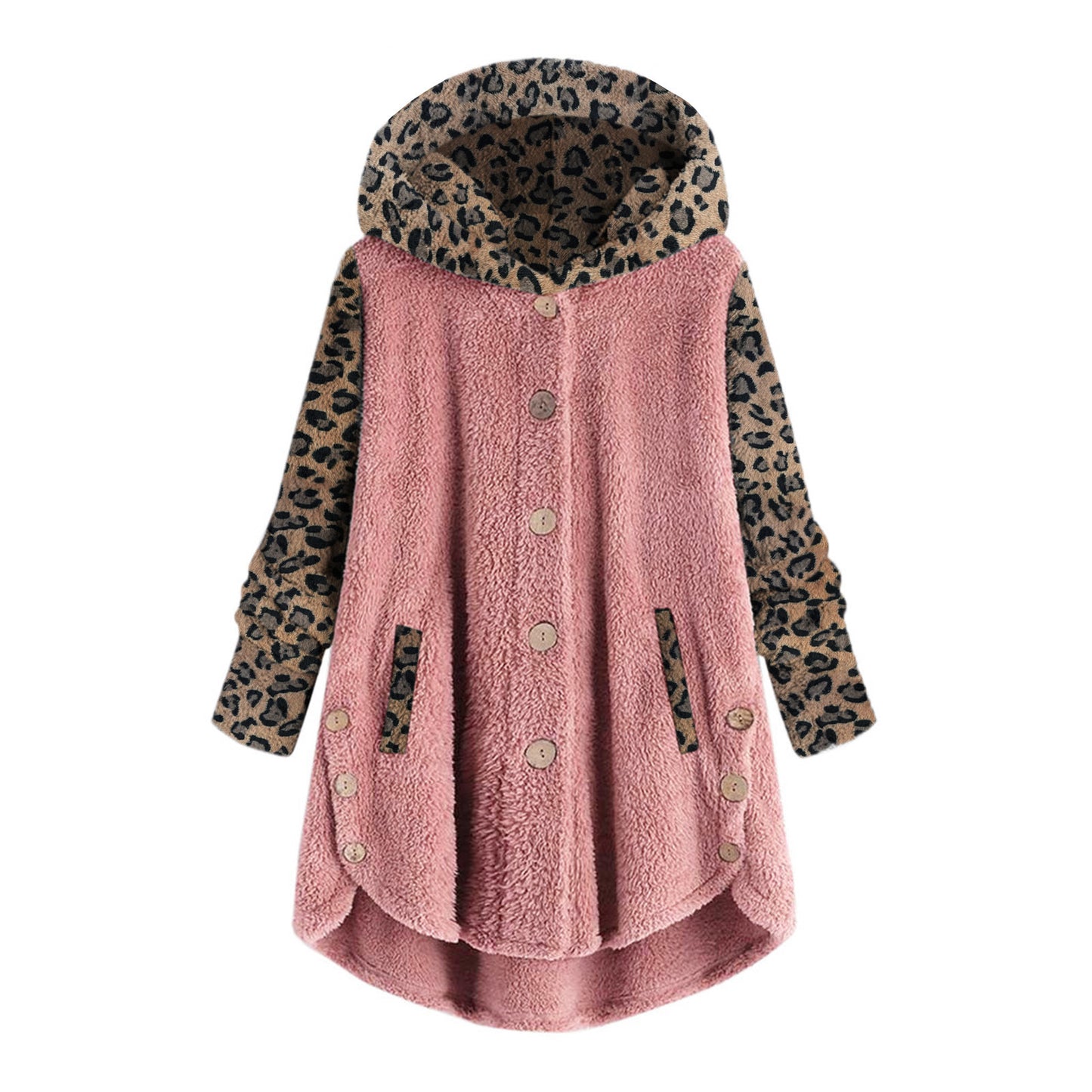 Abrigo de felpa con capucha y manga larga con botones y estampado de leopardo para mujer de otoño e invierno