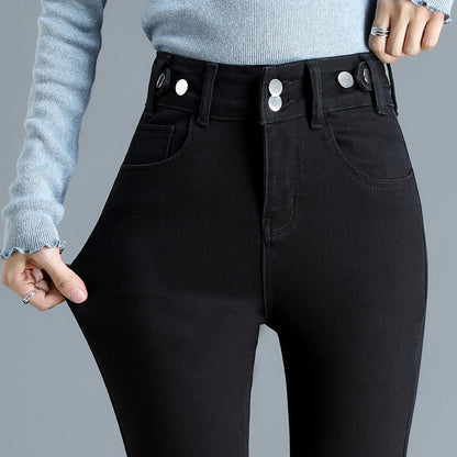 Pantalones vaqueros ajustados y cálidos de cintura alta para mujer