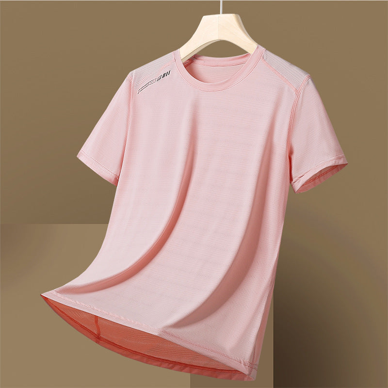 Thin Breathable Round Neck Moisture Wicking Women's High Elastic Ice Silk Quick-drying Short Sleeve Men