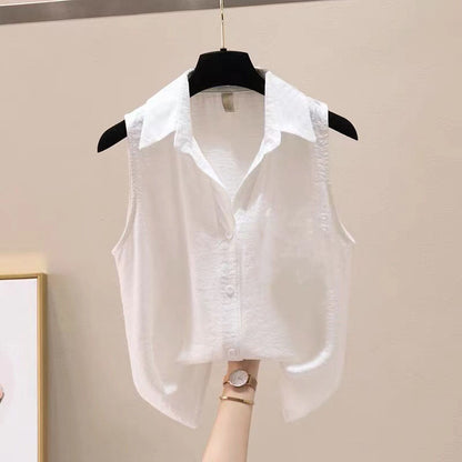 Camisa de gasa crepé sin mangas de color sólido de verano para mujer