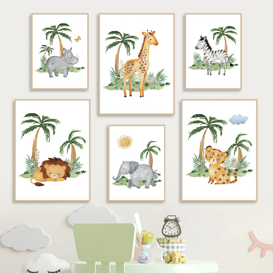 Lion Elephant Giraffe Jungle Animal Nursery Wall Art Canvas