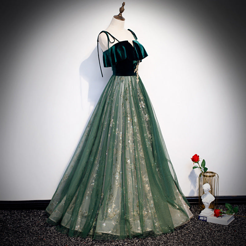 Vestido largo de banquete con temperamento de tirantes verde oscuro de fantasía Mori