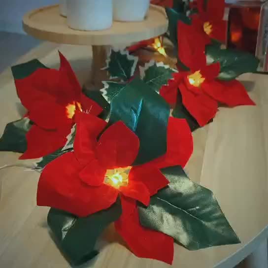 Luces navideñas LED de primer grado con flores rojas y frutos rojos para la decoración del hogar