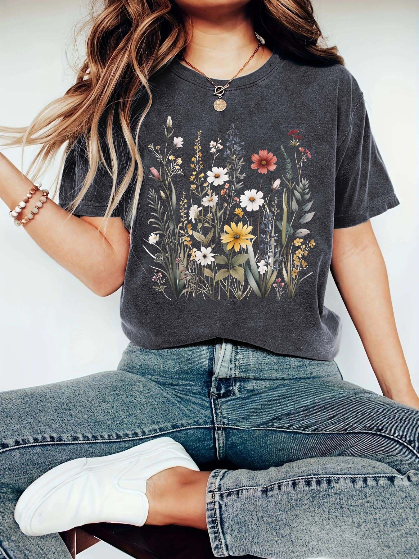 Camiseta de manga corta con estampado de flores y plantas para mujer, estilo europeo y americano, para verano