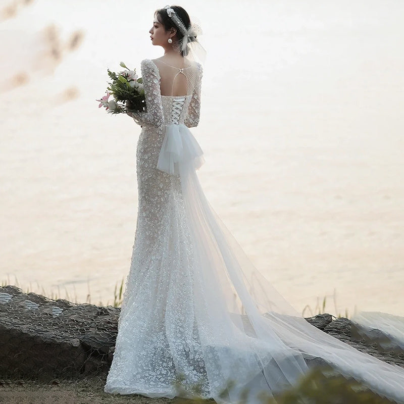 Vestido de novia ligero de cola de pez estilo francés Temperamento de novia