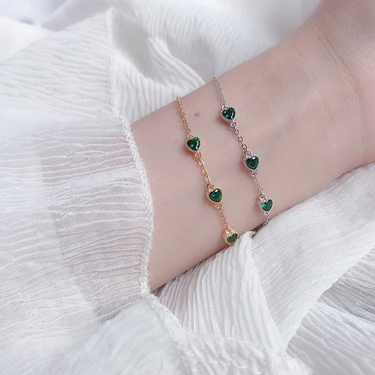 French Retro S925 Sterling Silver Three Lovely Emerald Gemstone Bracelet