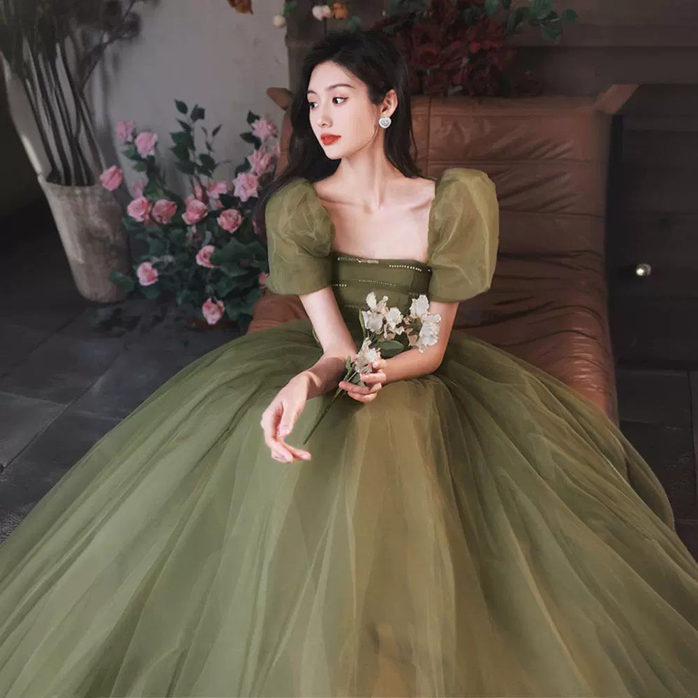 Traje de noche estilo Mori para mujer, estilo hada, temperamental, verde, corte ajustado