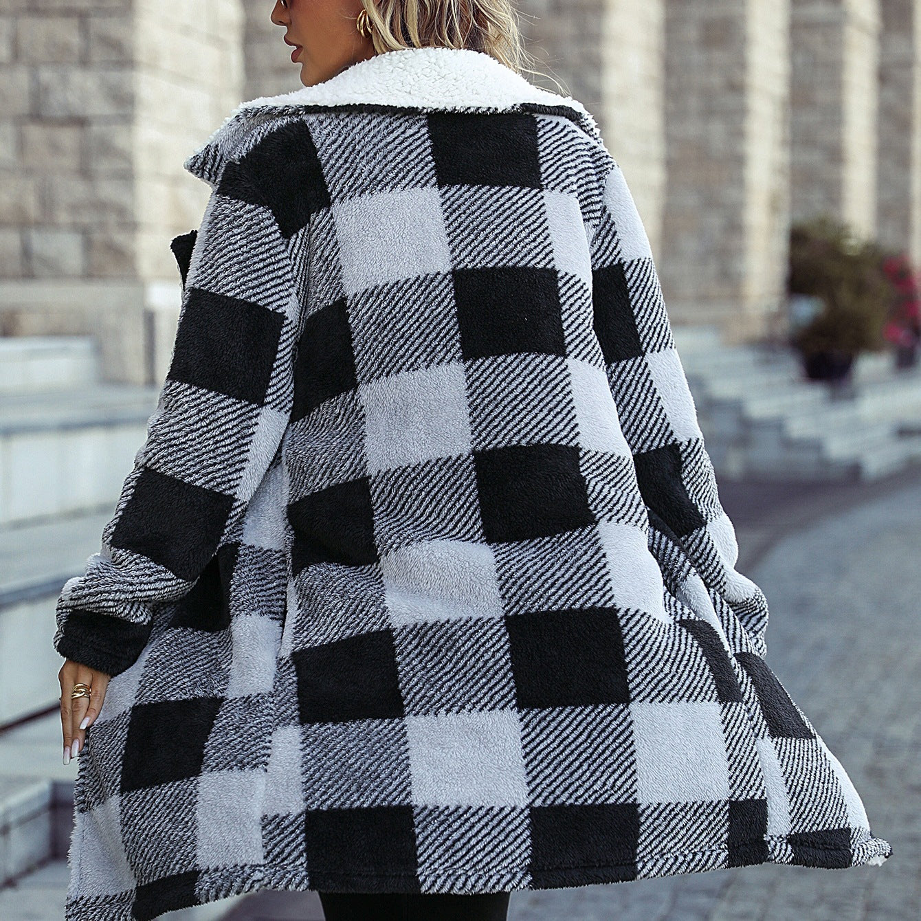 Women's Autumn Clothing Lapel Long Sleeve Buckle-free Plaid Loose Cardigan Double-sided Casual Jacket