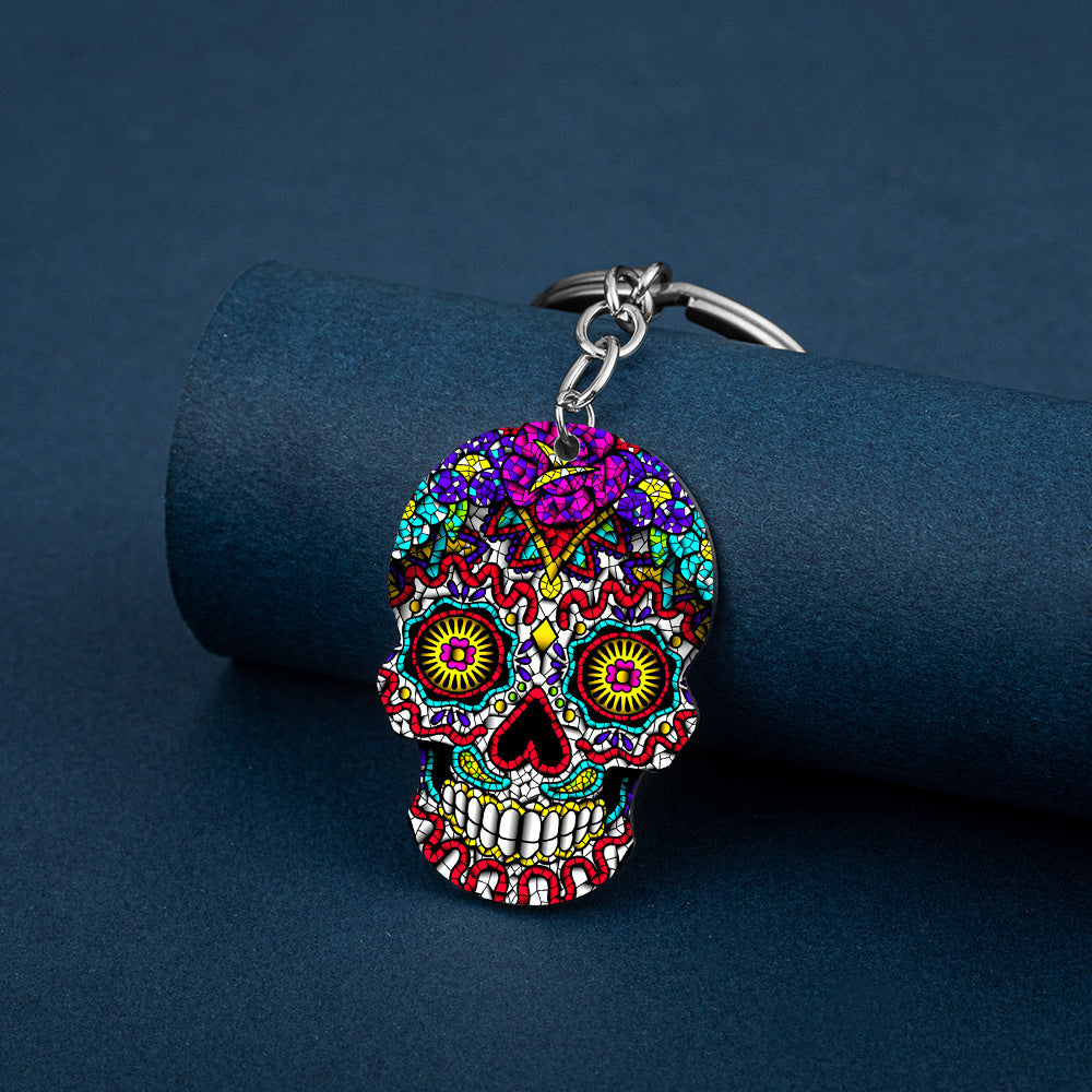 Day Of The Dead Skull Color Printing Stainless Steel Key Ring