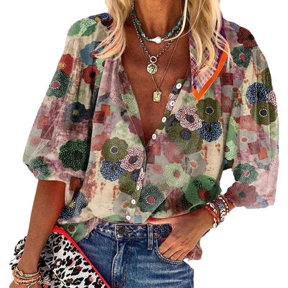 Camisa suelta con cuello alto para mujer, con estampado geométrico retro bohemio, colorida, para primavera y otoño