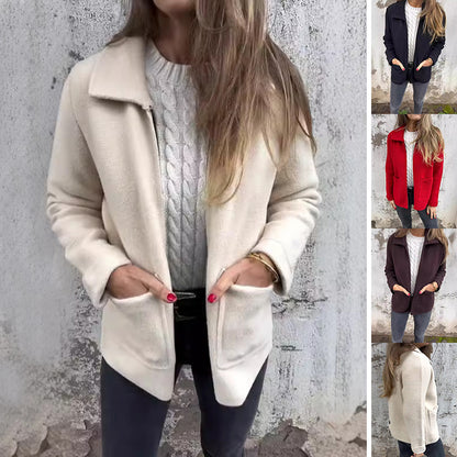 Chaqueta con cremallera de solapa y bolsillos, abrigo de color liso a la moda para otoño e invierno, ropa de mujer