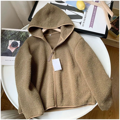 Sudadera con capucha y manga larga de cachemira sintética de otoño e invierno con cremallera y forro polar