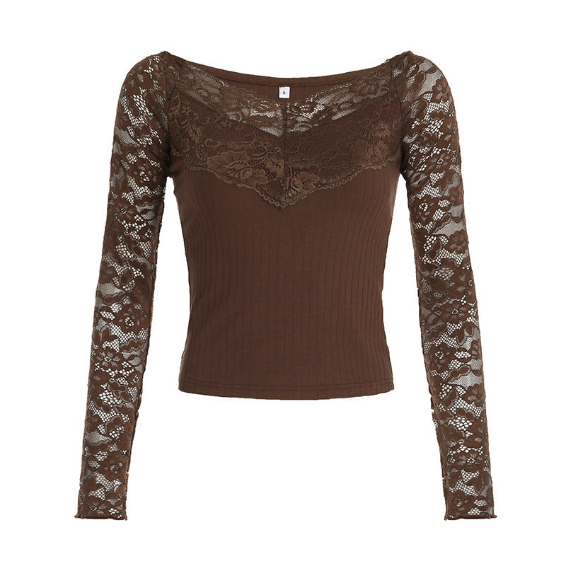 Top de punto de jacquard con encaje y escote en V estilo europeo y americano para mujer