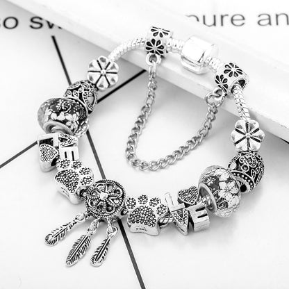 Silver Dream Catcher DIY Crystal Love Heart Cat's Paw Beaded Bracelet