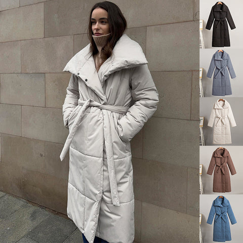 Abrigo largo de solapa grande de moda, chaqueta cálida de algodón de invierno con bolsillos y diseño con cordones, abrigo grueso informal de color sólido para mujer, prendas de vestir exteriores