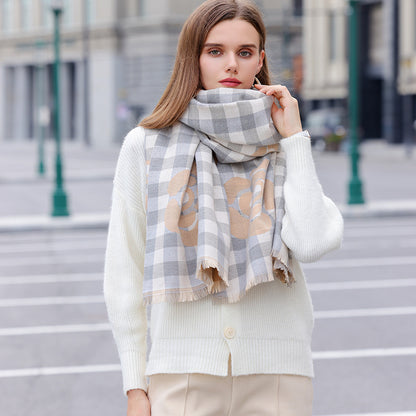 Bufanda térmica de cuadros con borlas estampadas y protección contra el frío de alta calidad para otoño e invierno, chal de longitud media