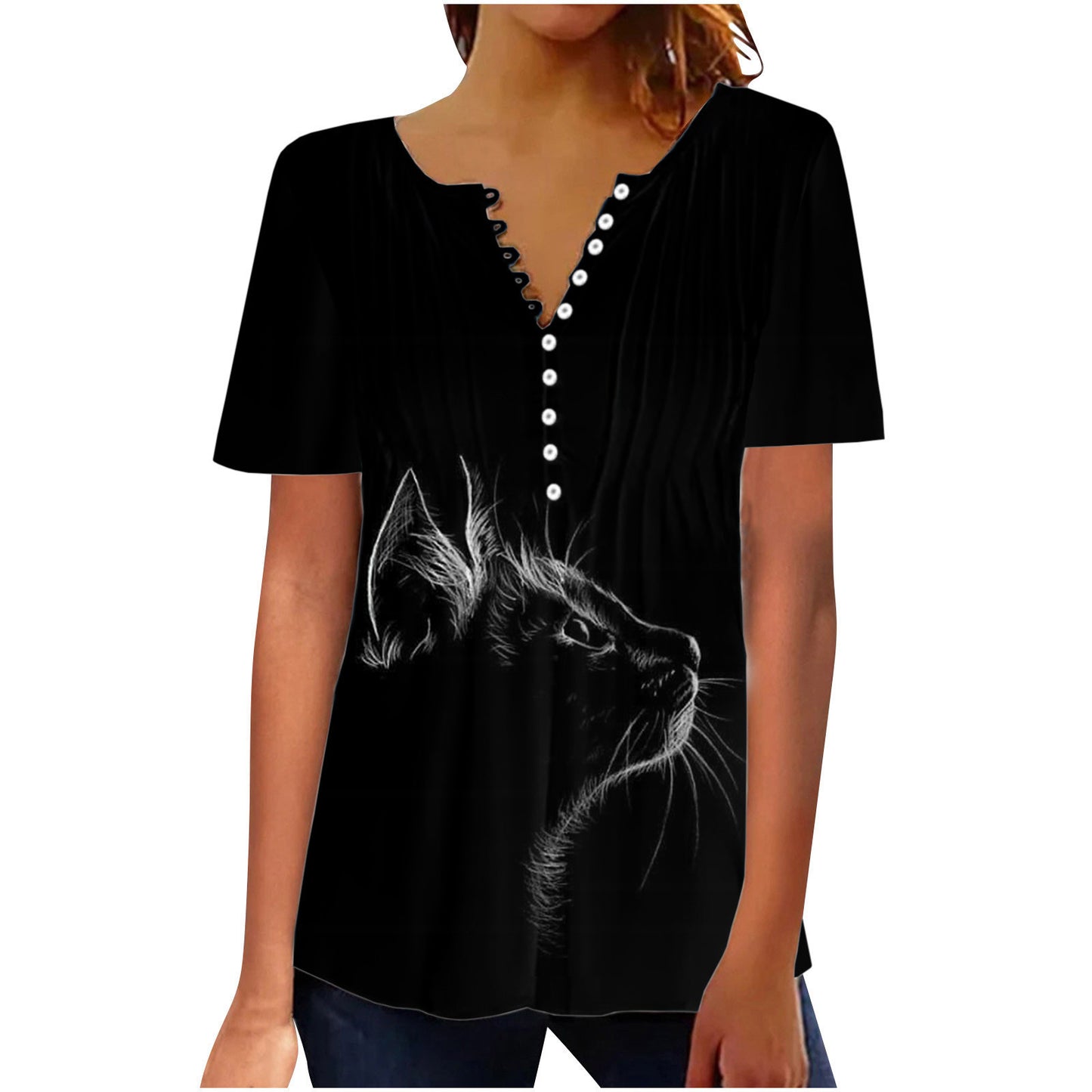 Camiseta de cuello redondo plisada con estampado digital 3D para mujer