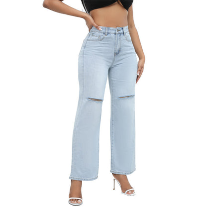 Elegantes jeans anchos rotos para mujer