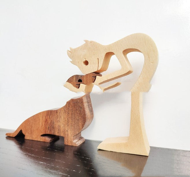 Figura de bricolaje, adorno de perro de madera, escultura, decoración del hogar, escultura de madera de un hombre y un perro, regalos de Navidad, modelo de decoración