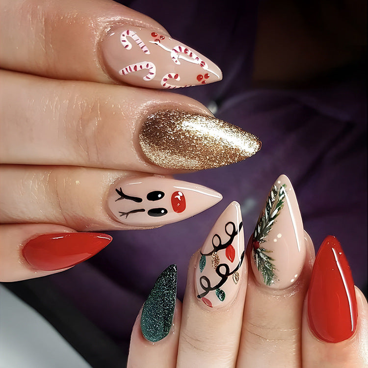 24 piezas de uñas postizas navideñas con diseño de copos de nieve a rayas para fiestas, bailes o ropa festiva