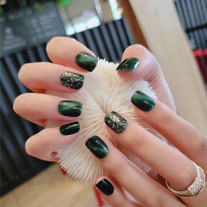 Fashionable Detachable Nail Piece Emerald Flashing Diamond Wearable Nail Art Finished Product 24 Fake Nail Patches