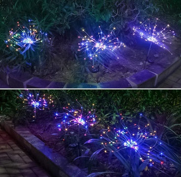 Nueva cadena de luces LED de fuegos artificiales solares con enchufe de tierra, cable de cobre, decoración de jardín al aire libre, luces de estrellas, luces navideñas