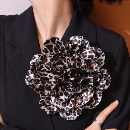 French Satin 19cm Fabric Exaggerated Leopard Large Flower Brooch