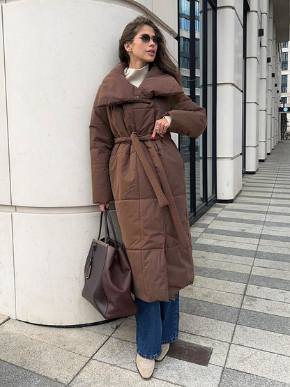 Abrigo largo de solapa grande de moda, chaqueta cálida de algodón de invierno con bolsillos y diseño con cordones, abrigo grueso informal de color sólido para mujer, prendas de vestir exteriores